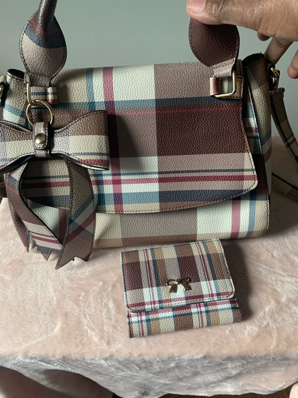 Plaid Bow Accent Women’s Satchel and Wallet Set - Brown/Tan/Cream